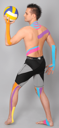 Male athlete with kinesiology tape and volleyball.